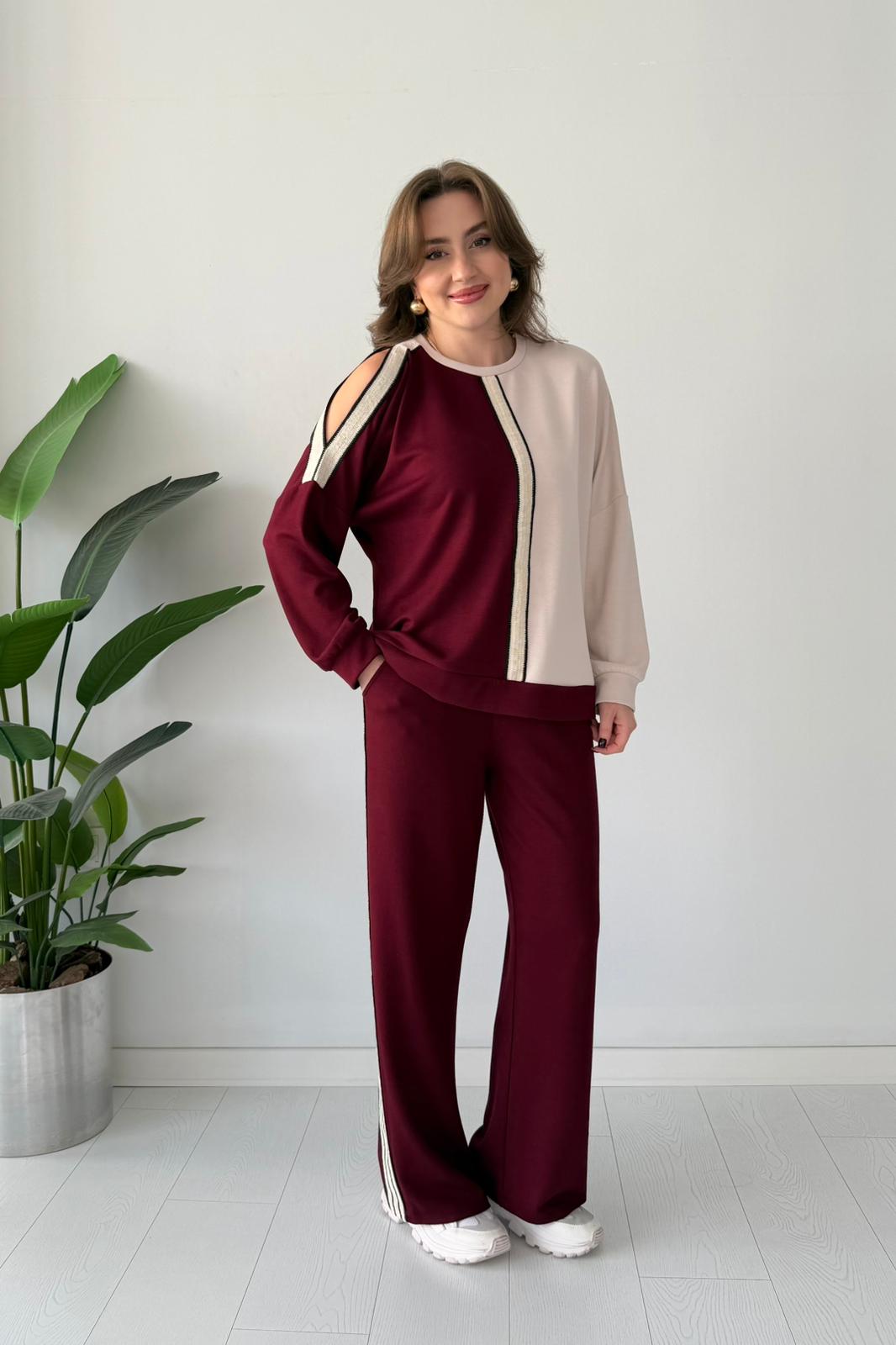 Omuz Yırtmaçlı İkili Takım - Bordo