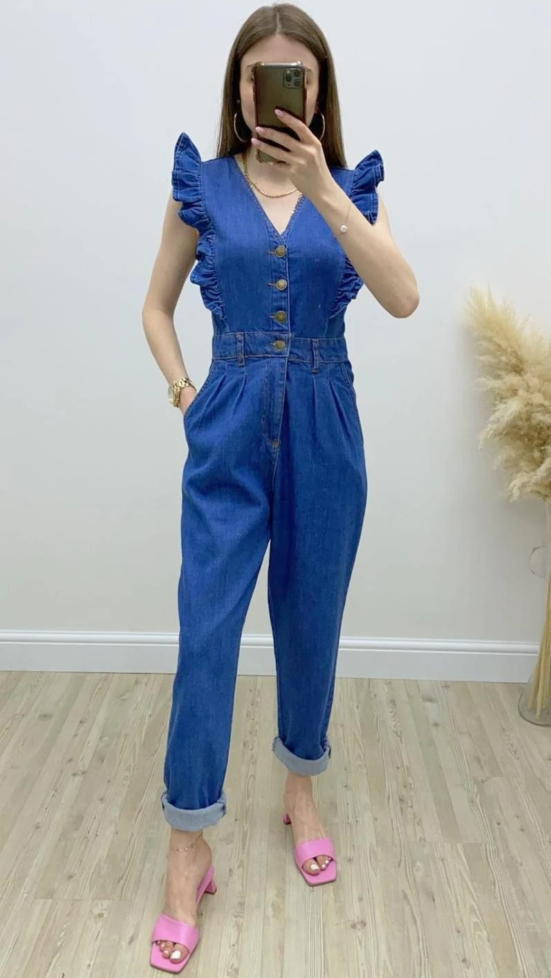 Fırfır Omuz Jean Tulum Lacivert