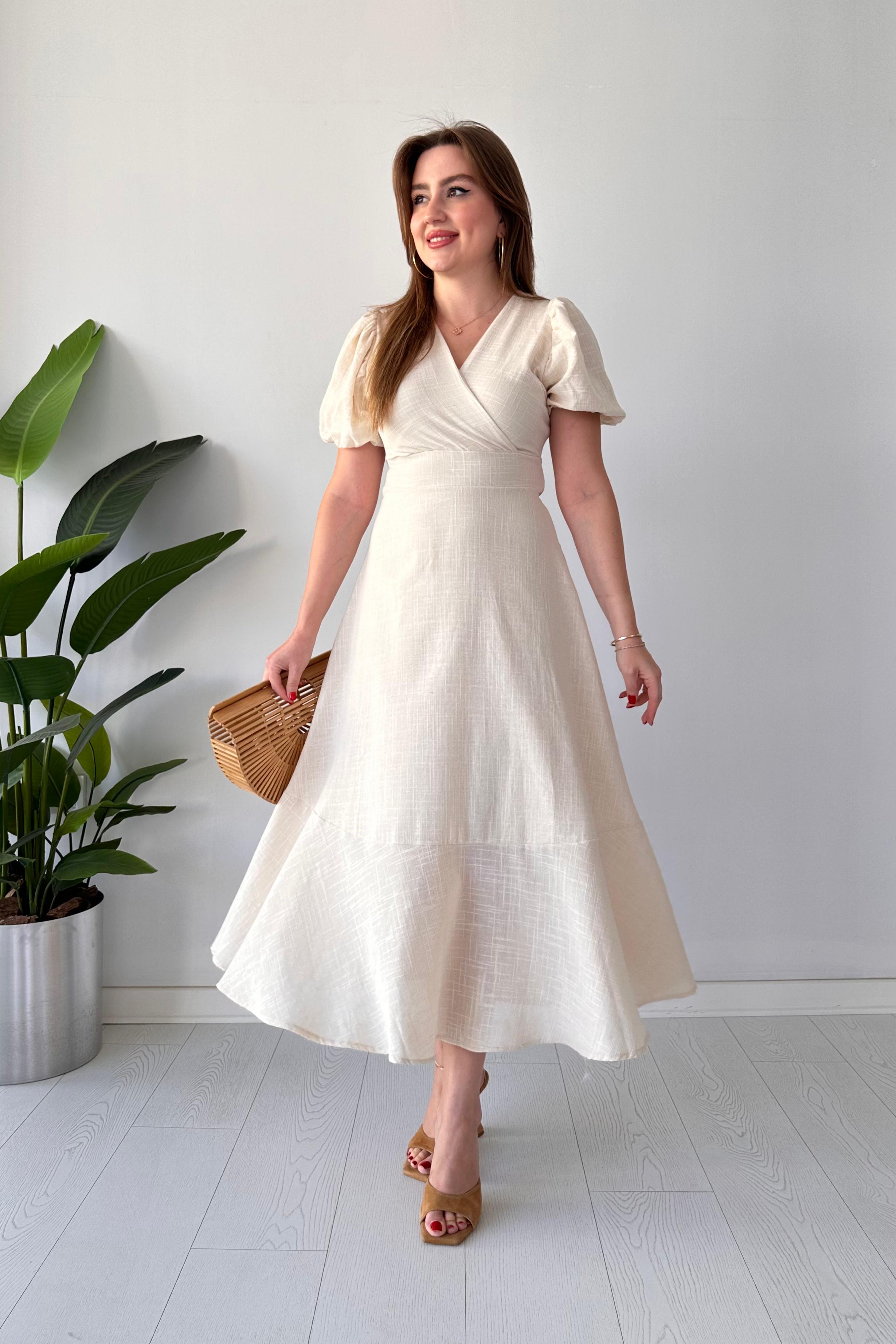 Eteği Volan Keten Elbise