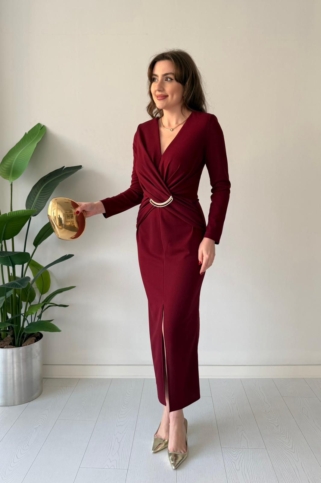 Hilal Tokalı Krep Elbise - Bordo