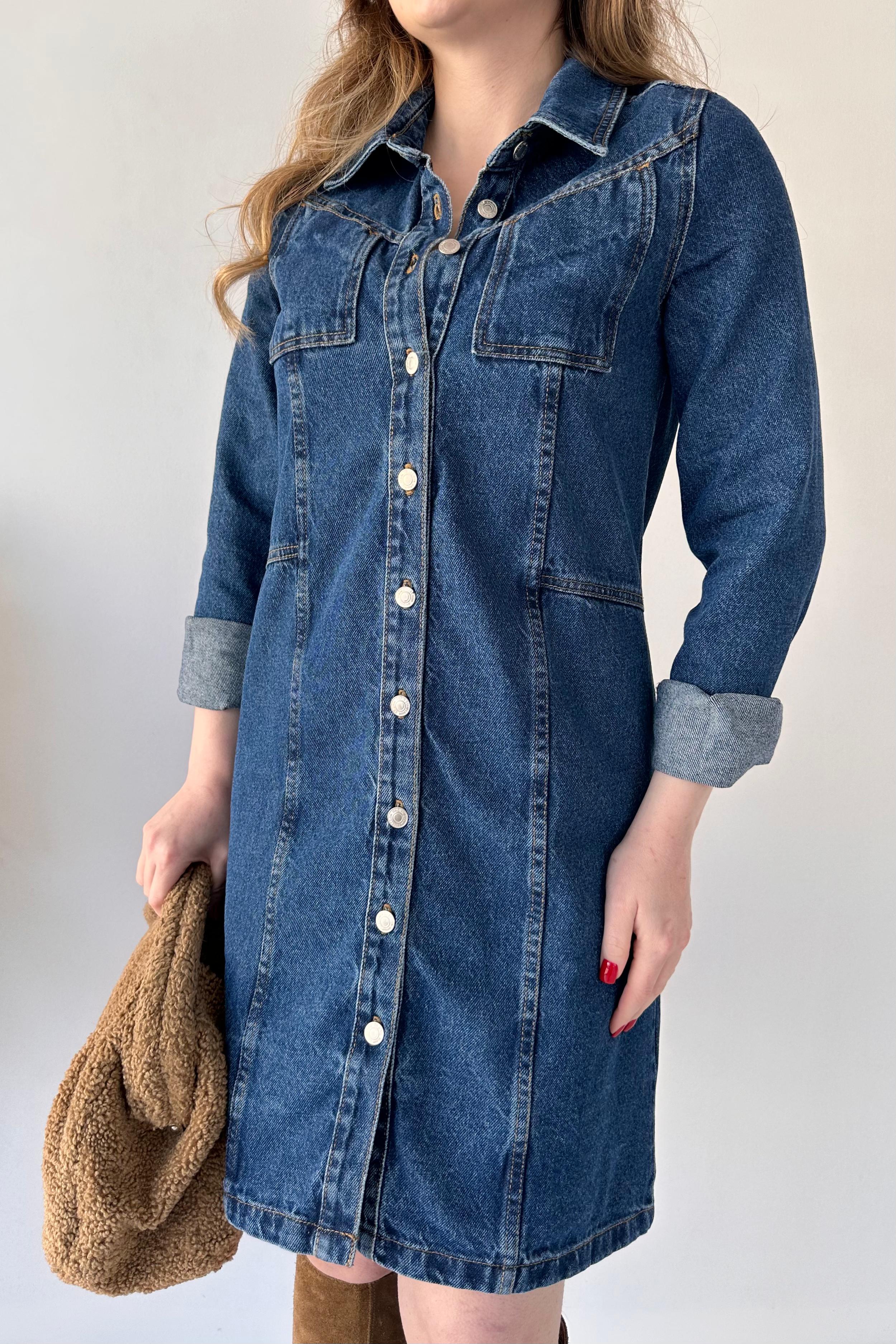 Cep Detay Denim Elbise