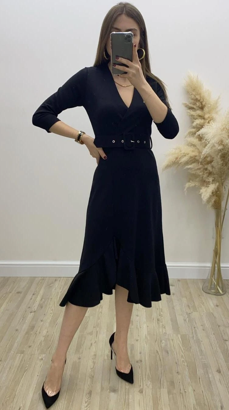 Eteği Volanlı Kemerli Midi Elbise Siyah