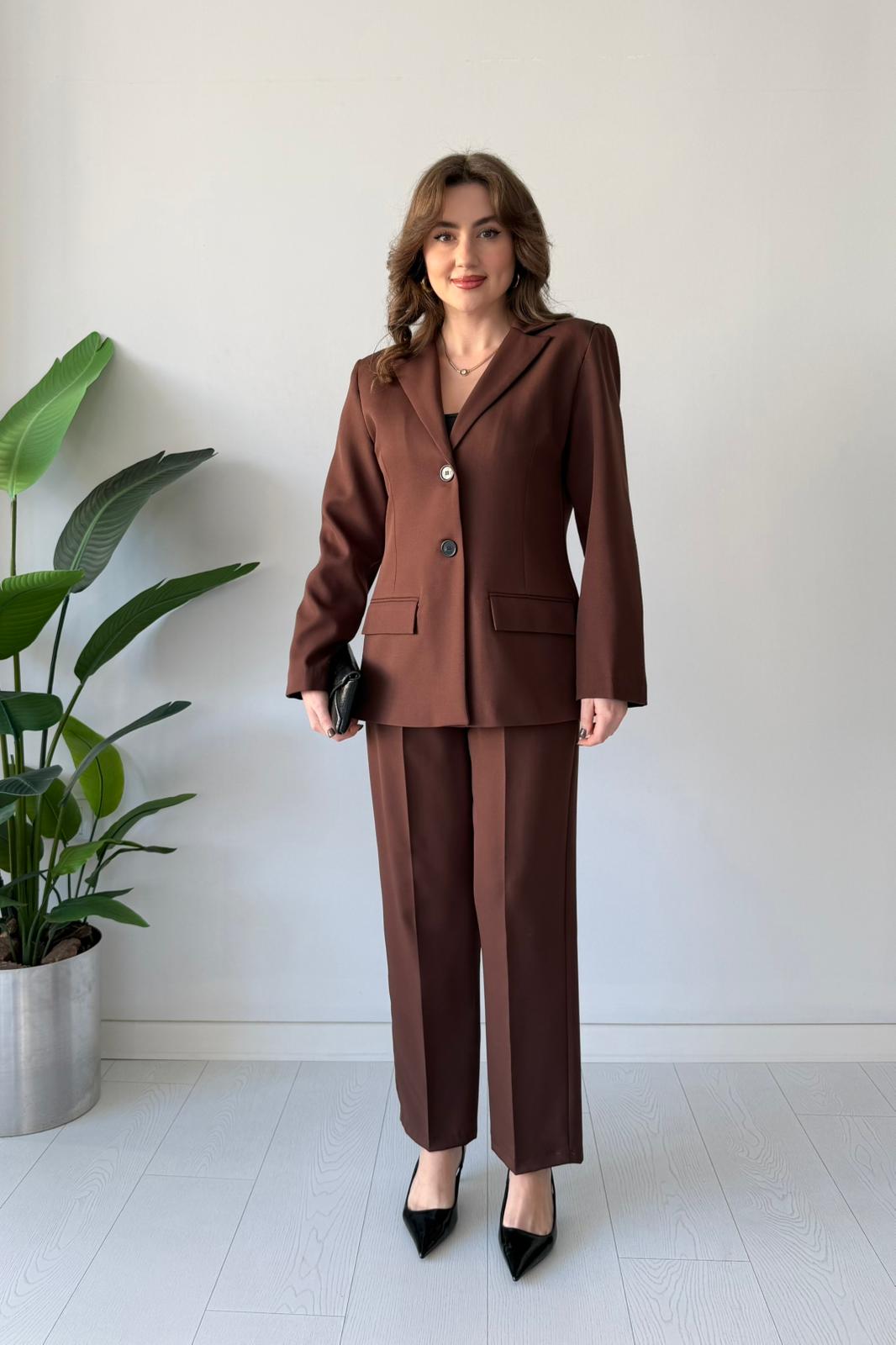 Çift Düğme Takım Elbise - Kahve