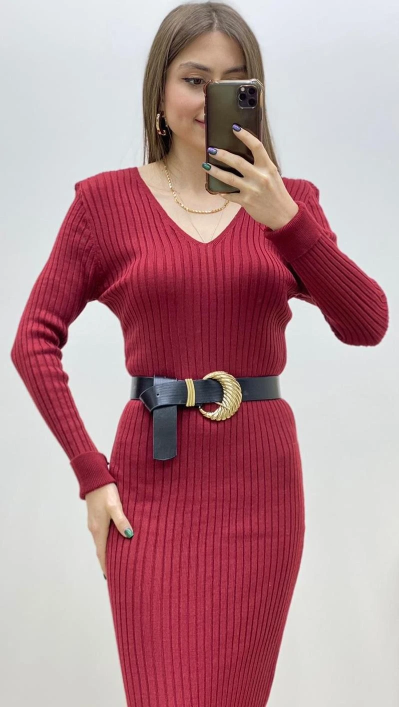 V Yaka Fitilli Triko Elbise Bordo