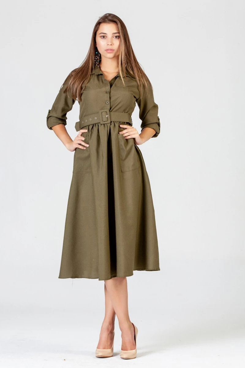 Çift Cep Kaplama Kemer Midi Elbise - Haki