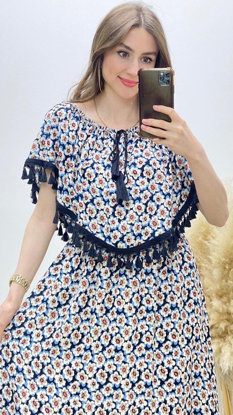 Püsküllü Pelerin Yaka Viskon Elbise Siyah