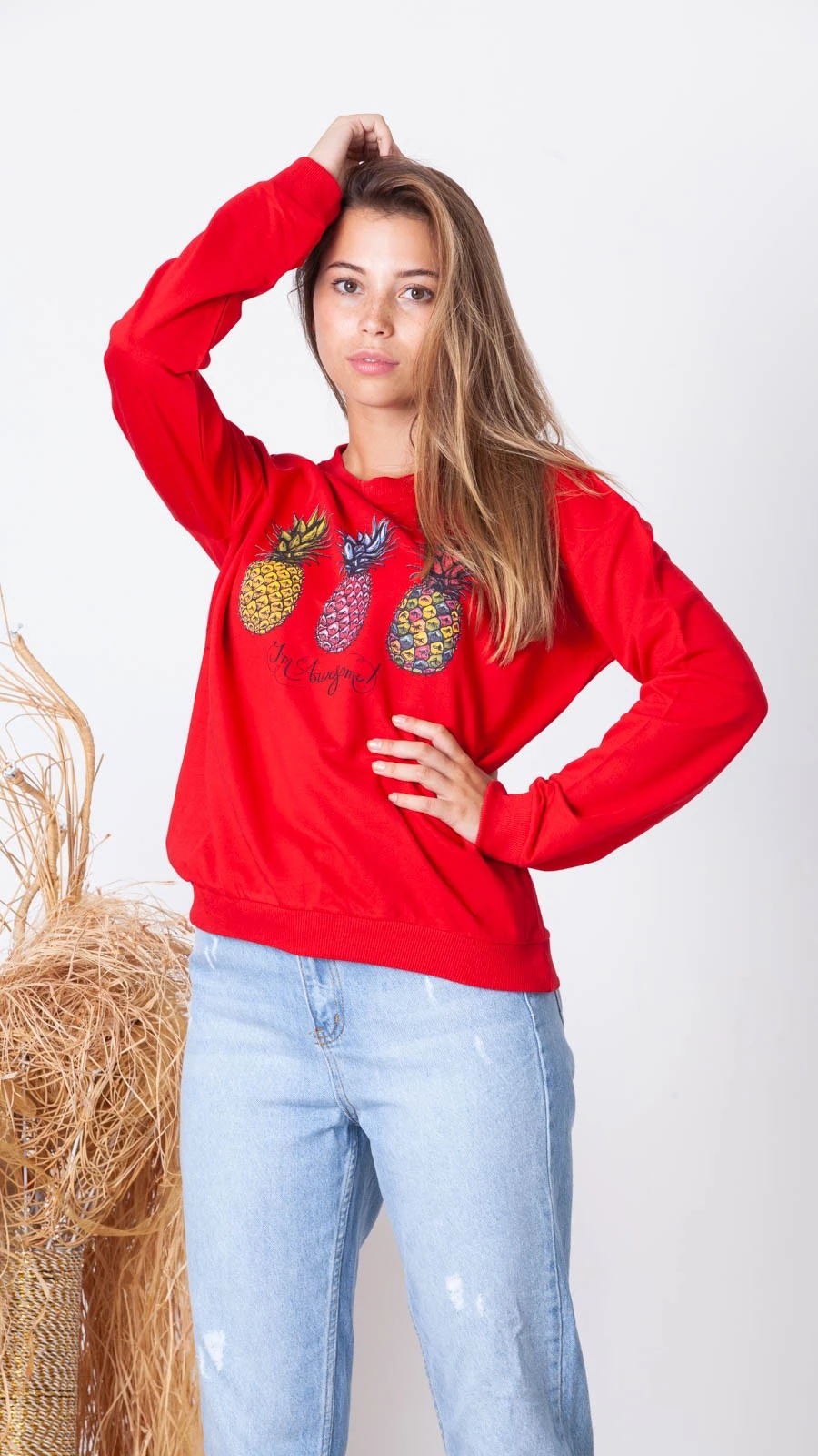 Ananas Baskılı Sweatshirt - Kırmızı