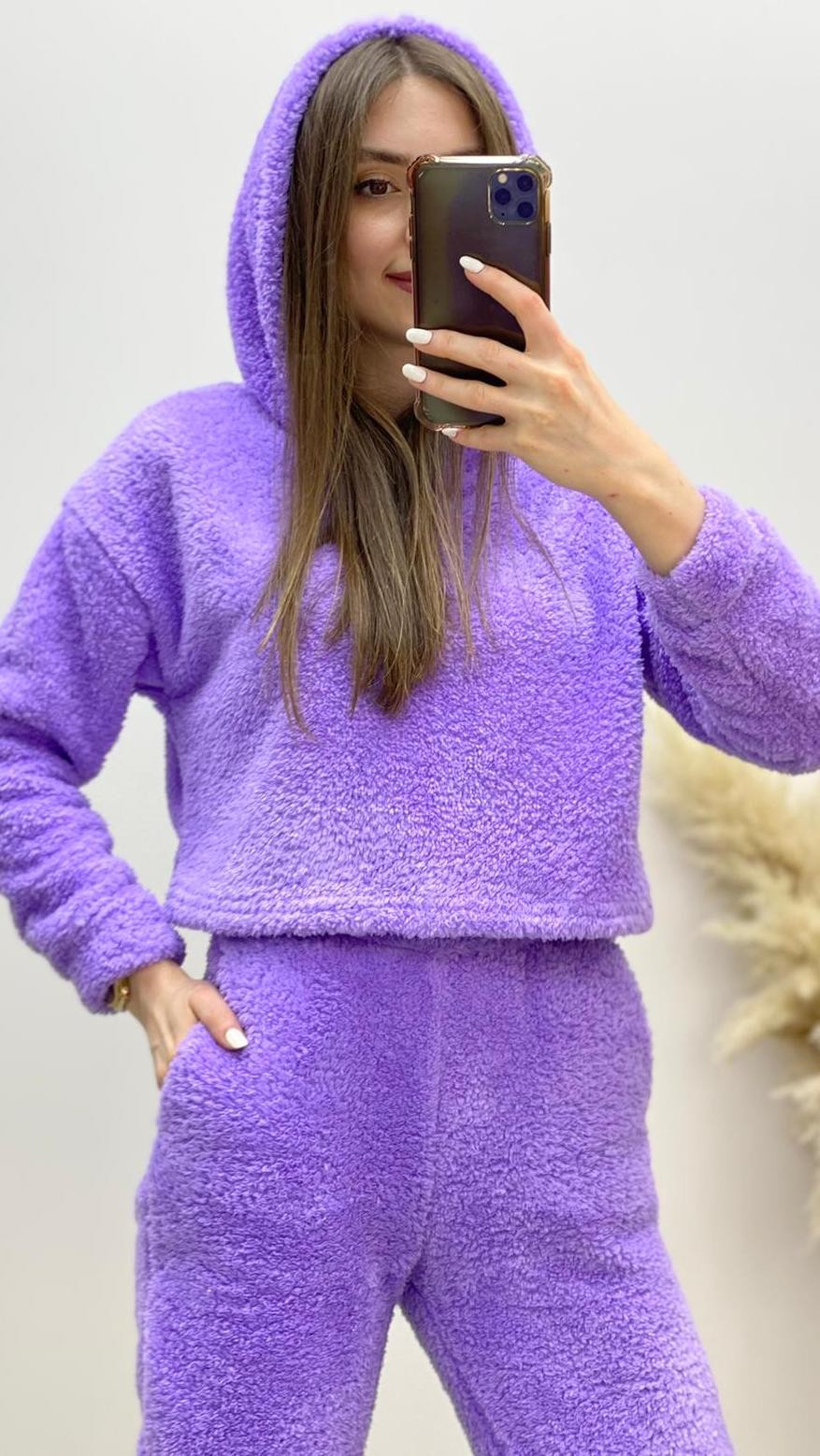 Peluş Crop Sweatshirt Lila