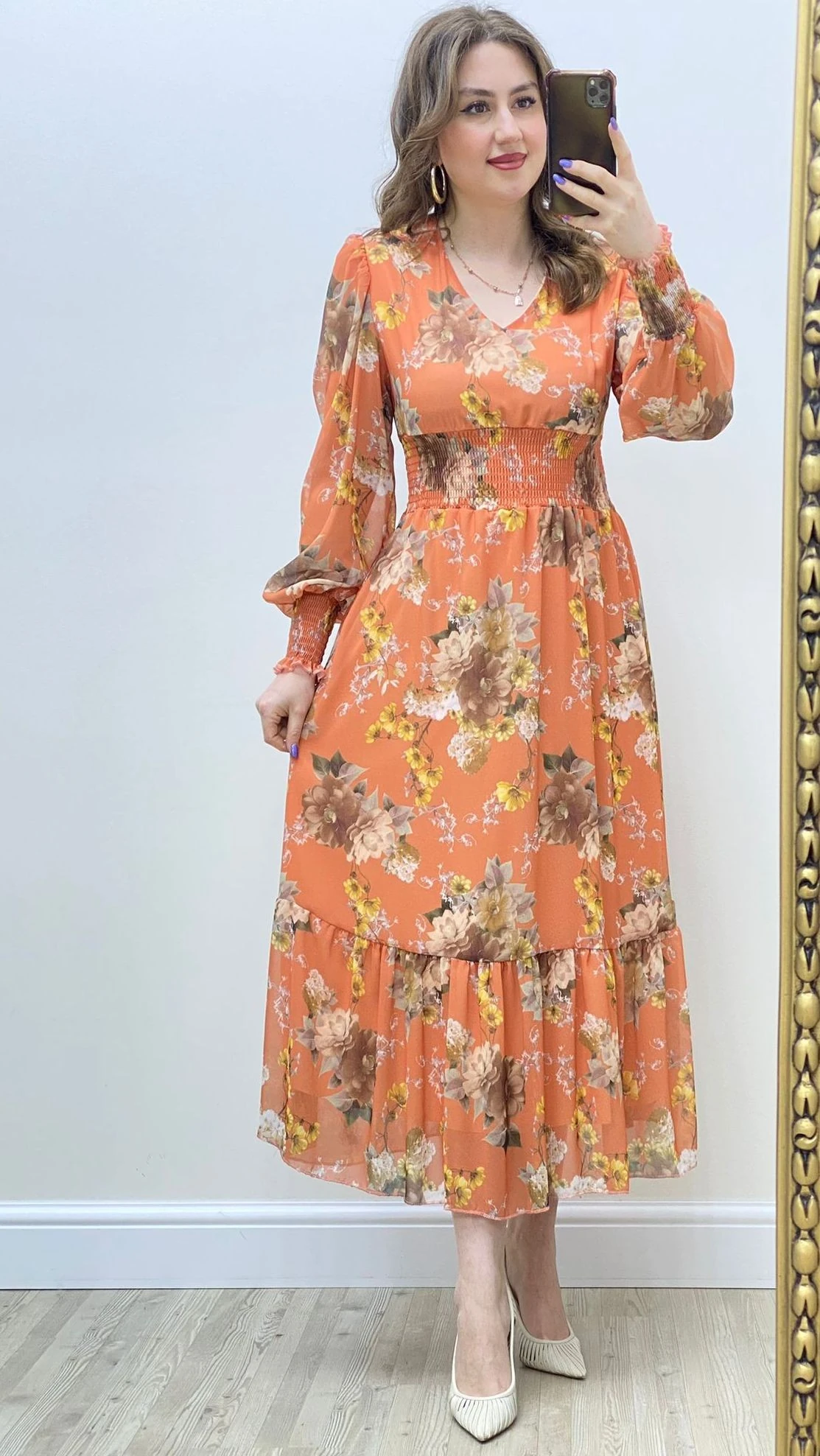 Ortancalı Şİfon Elbise Somon