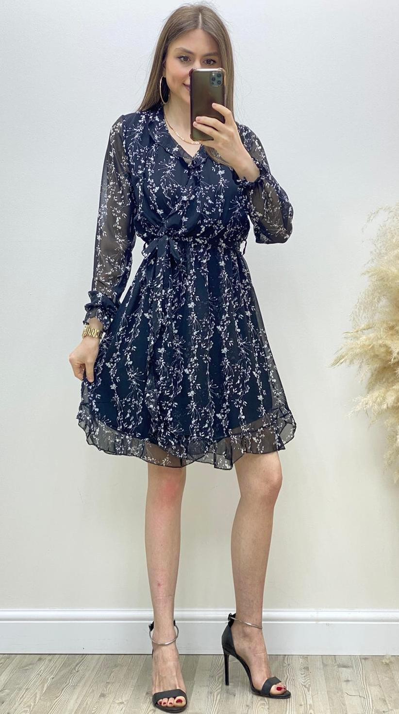 Fırfır Detaylı Kruvaze Şifon Elbise Siyah