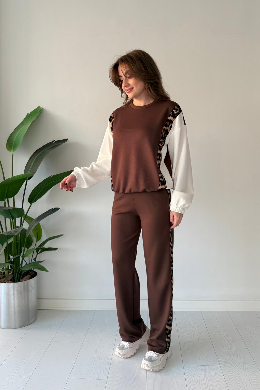 Yanları Leopar İkili Takım - Kahve