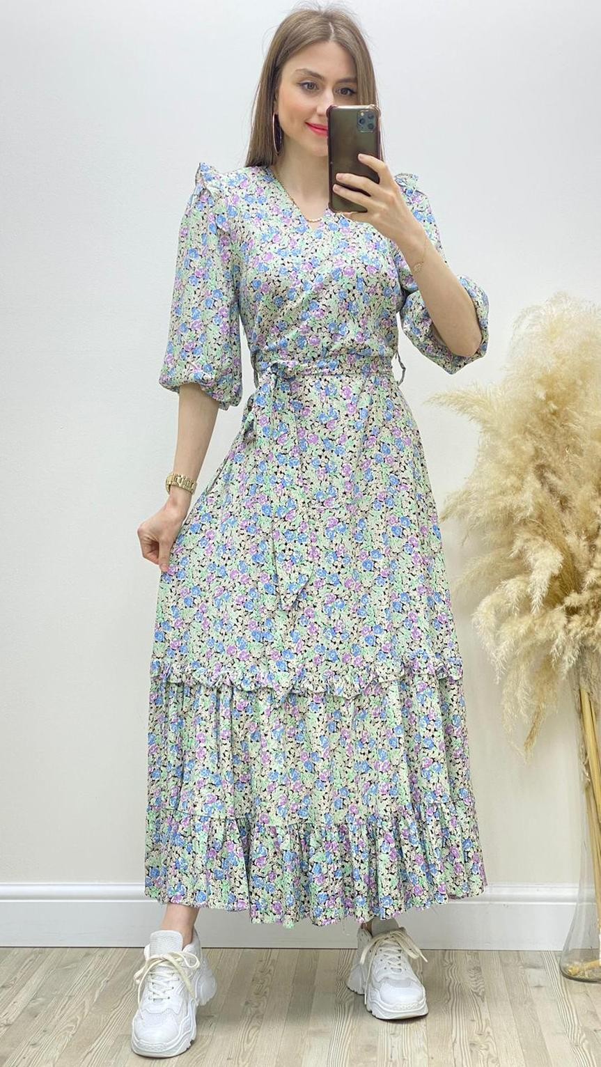 Yarım Kollu Çiçekli Viskon Elbise