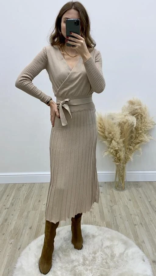 Bel Lastik Triko Elbise - Bej