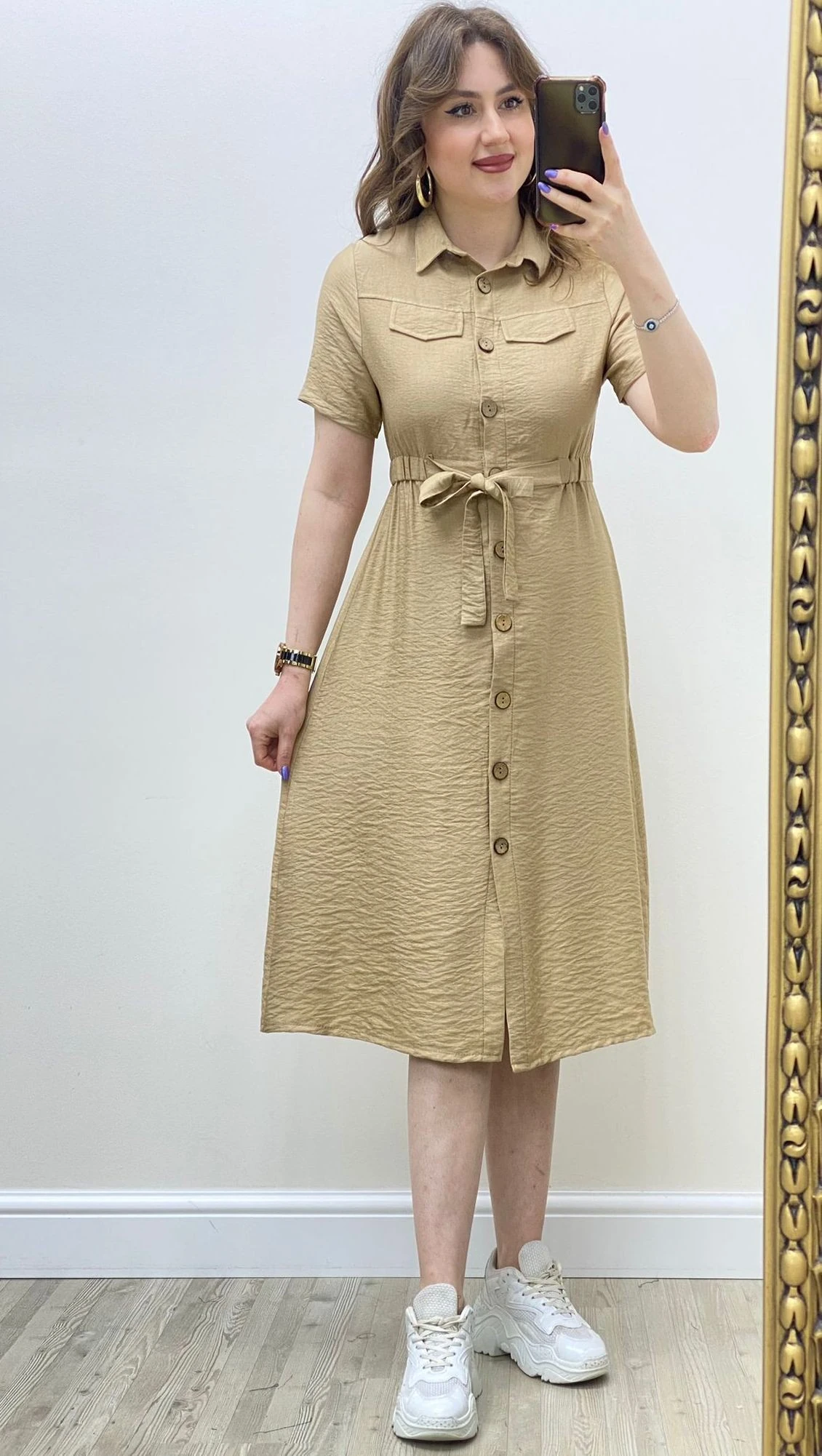 Lastik Kuşaklı Gömlek Elbise Bej