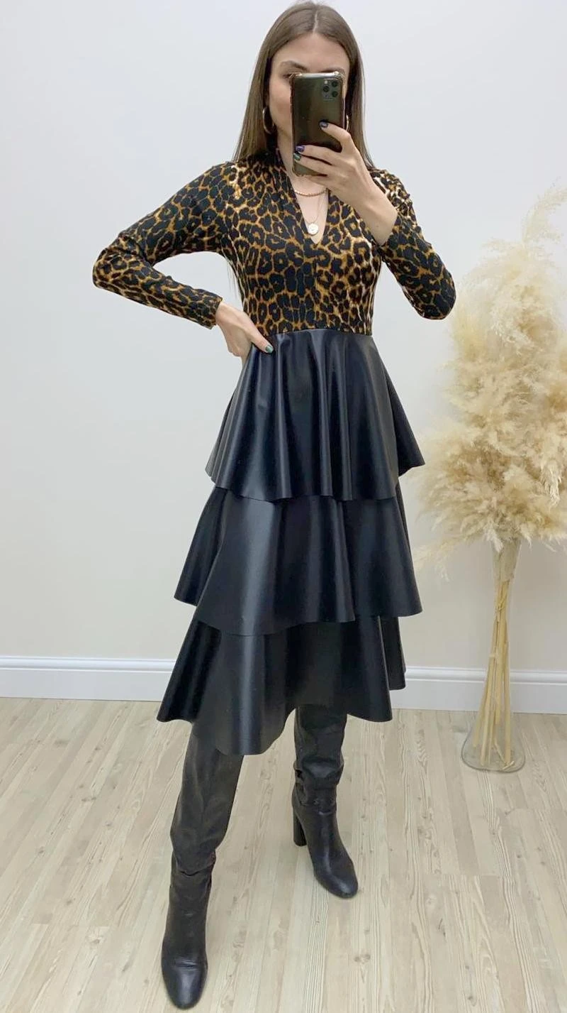 Leopar Desen Kat Kat Deri Elbise Siyah