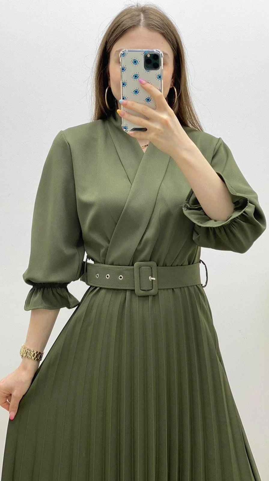 Kapri Kol Piliseli Kemerli Elbise Koyu Haki