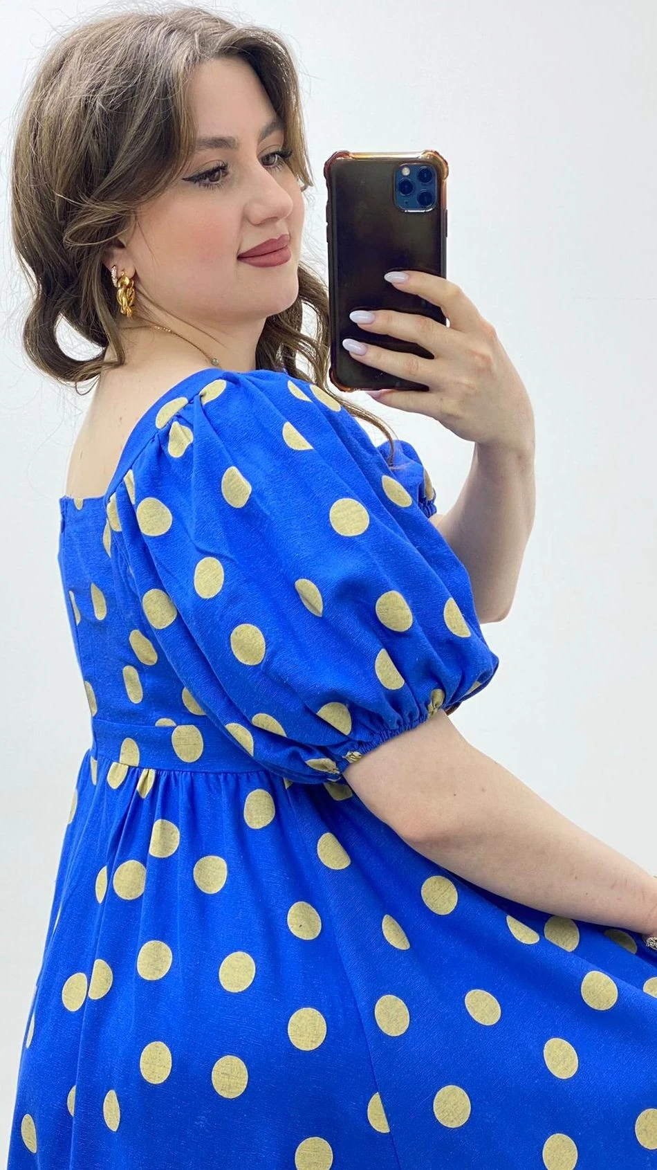 Puantiyeli Keten Elbise Mavi