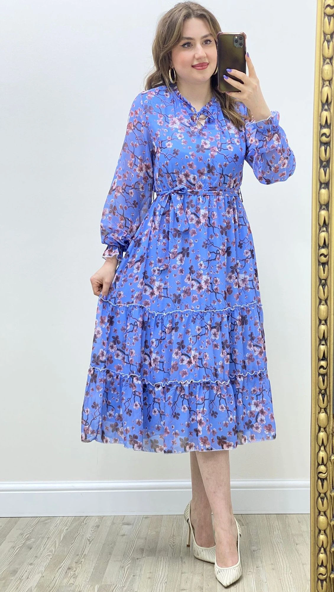 Kiraz Çiçeği Şifon Elbise Mavi