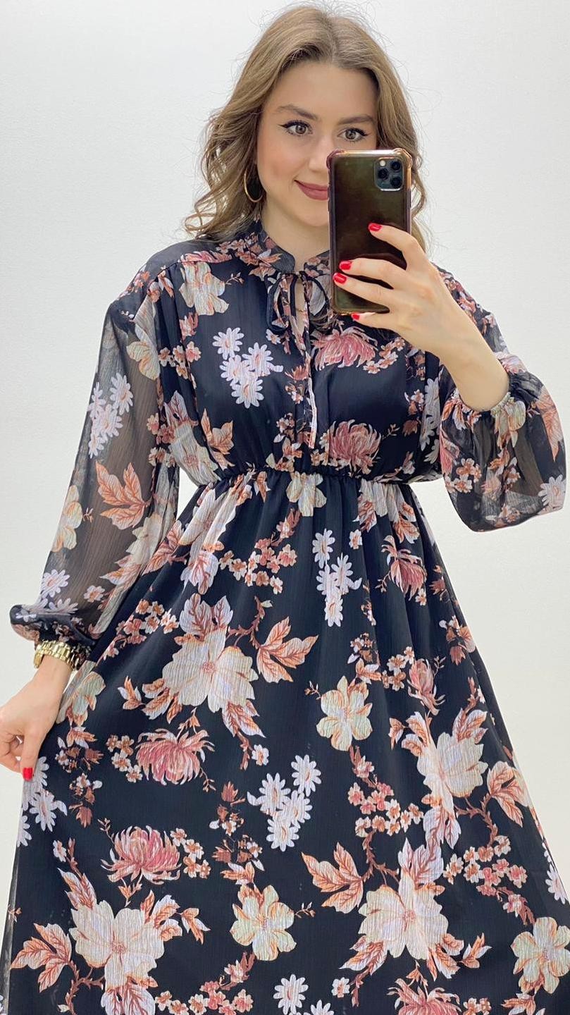 Gardenya Desen Şifon Elbise Siyah