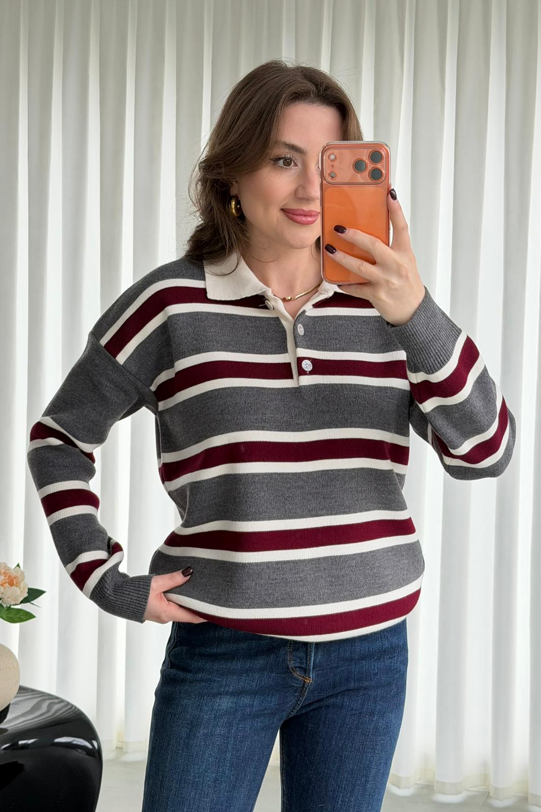 Çizgili Polo Kazak - Gri