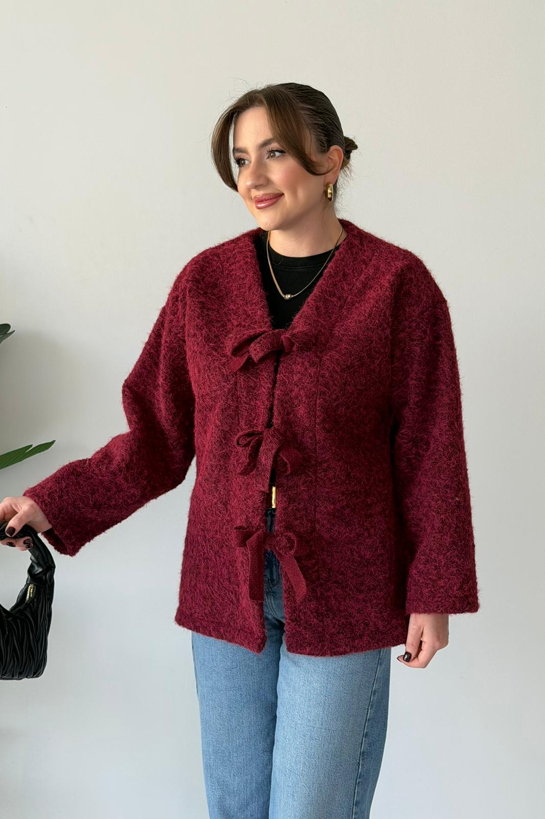 Üçlü Bağlama Kırçıllı Ceket - Bordo