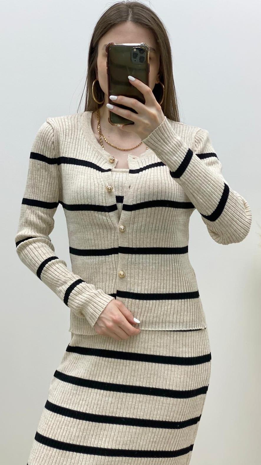 Hırkalı İp Askılı Triko Elbise Bej