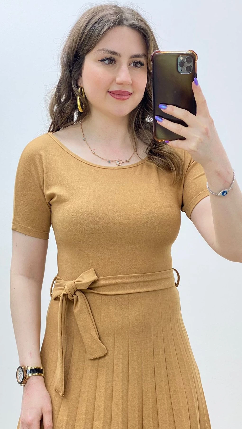 Pileli Krep Elbise Bej