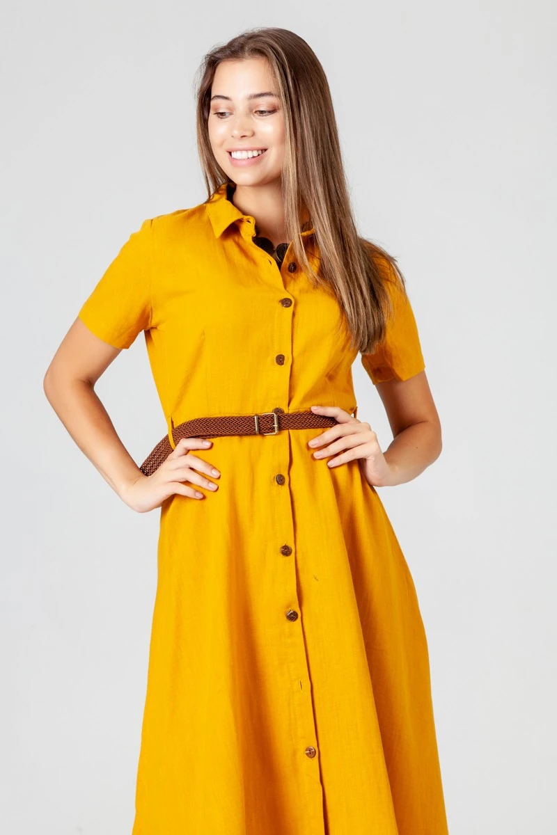 Kısa Kol Hasır Kemer Elbise - Hardal