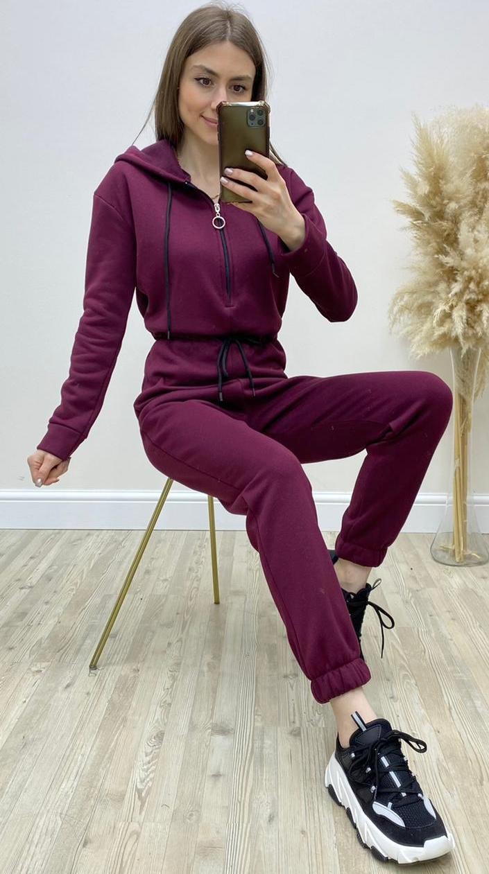 Bel Bağlamalı Polar Tulum Bordo