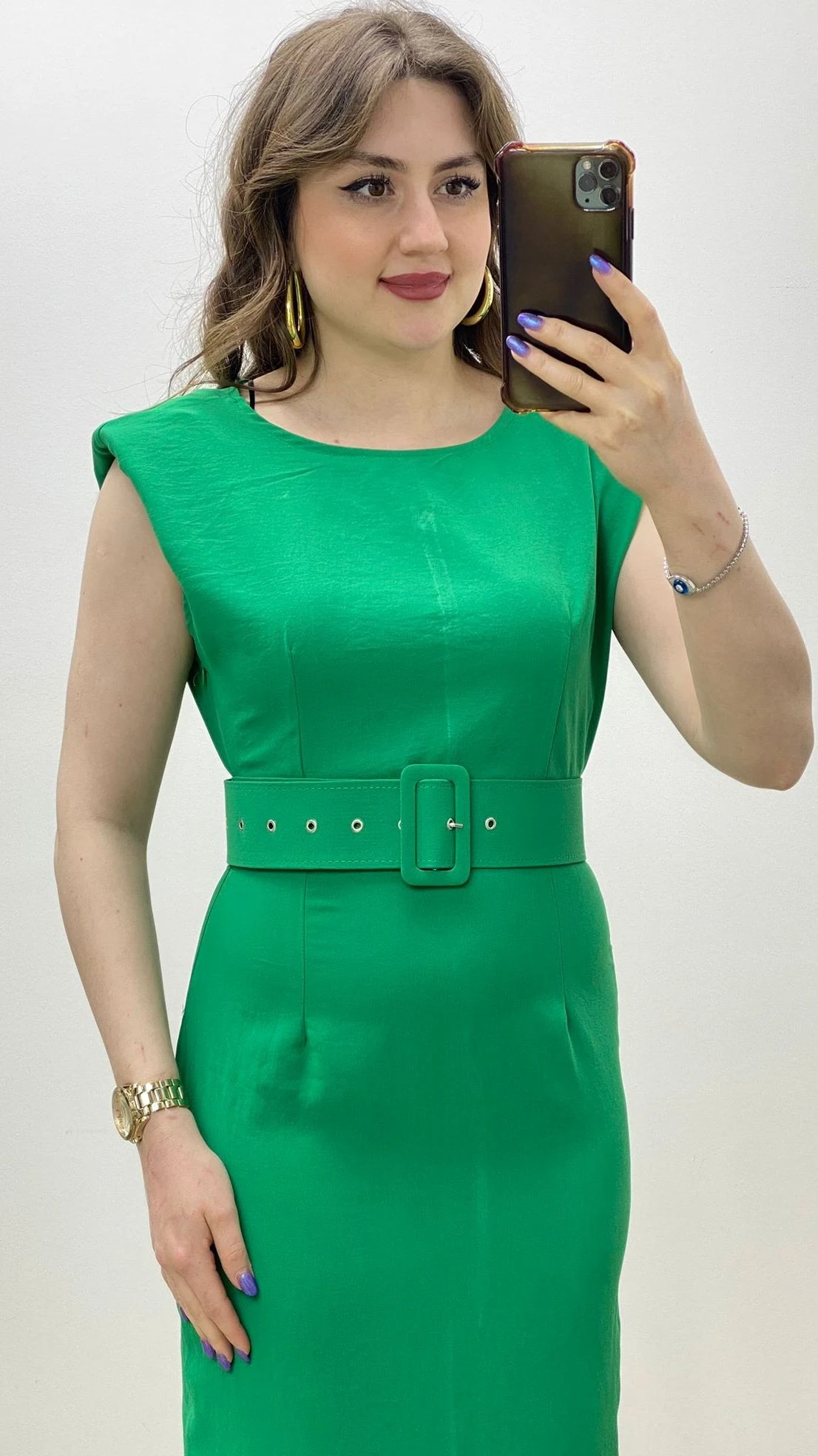 Vatkalı Kalem Elbise Yeşil