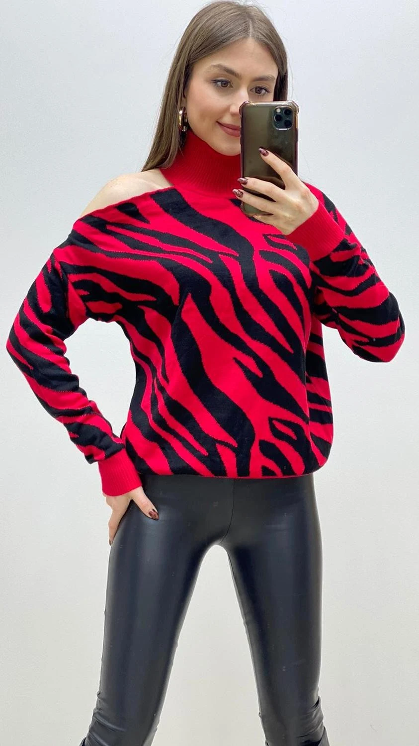 Omuz Detaylı Zebra Triko Kırmızı