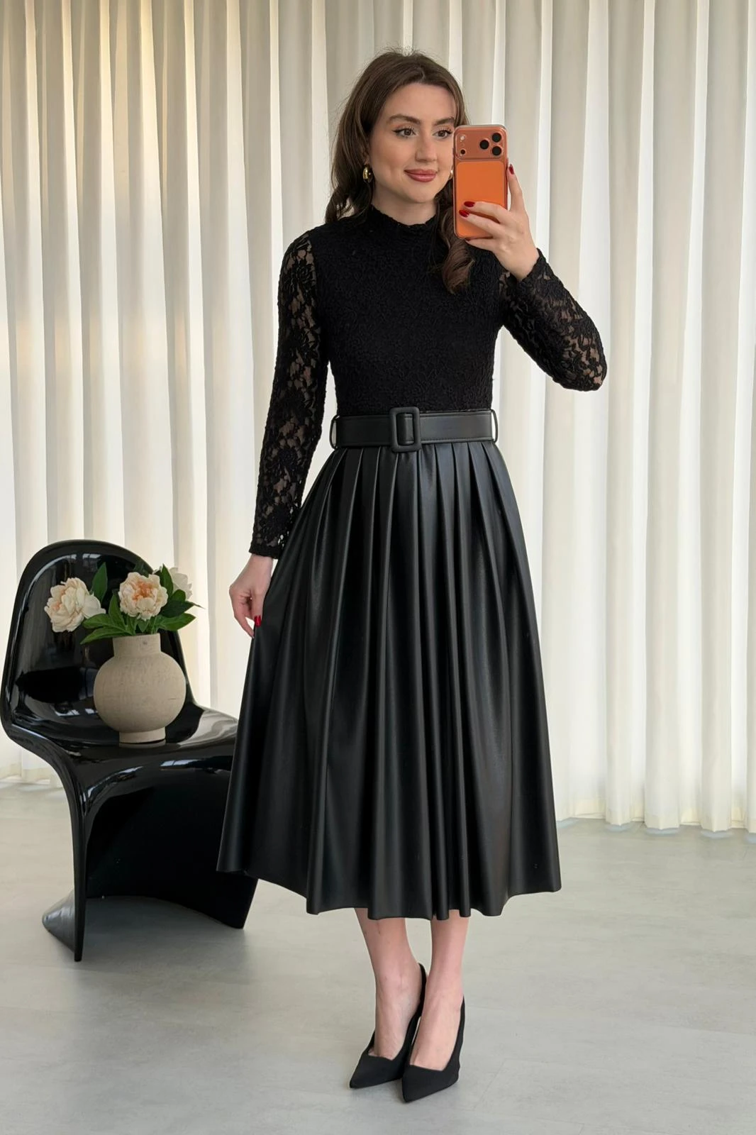 Deri Etekli Dantel Elbise