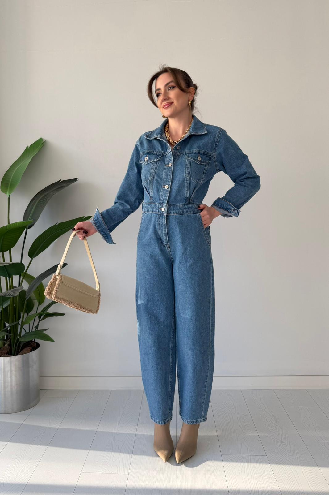 Uzun Denim Tulum - Mavi