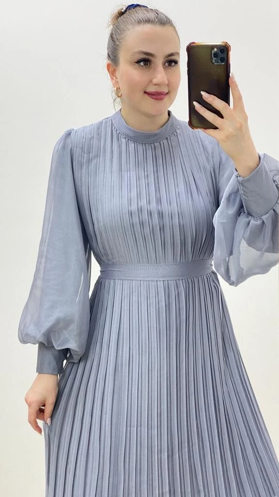 Organze Pileli Şifon Elbise Gümüş