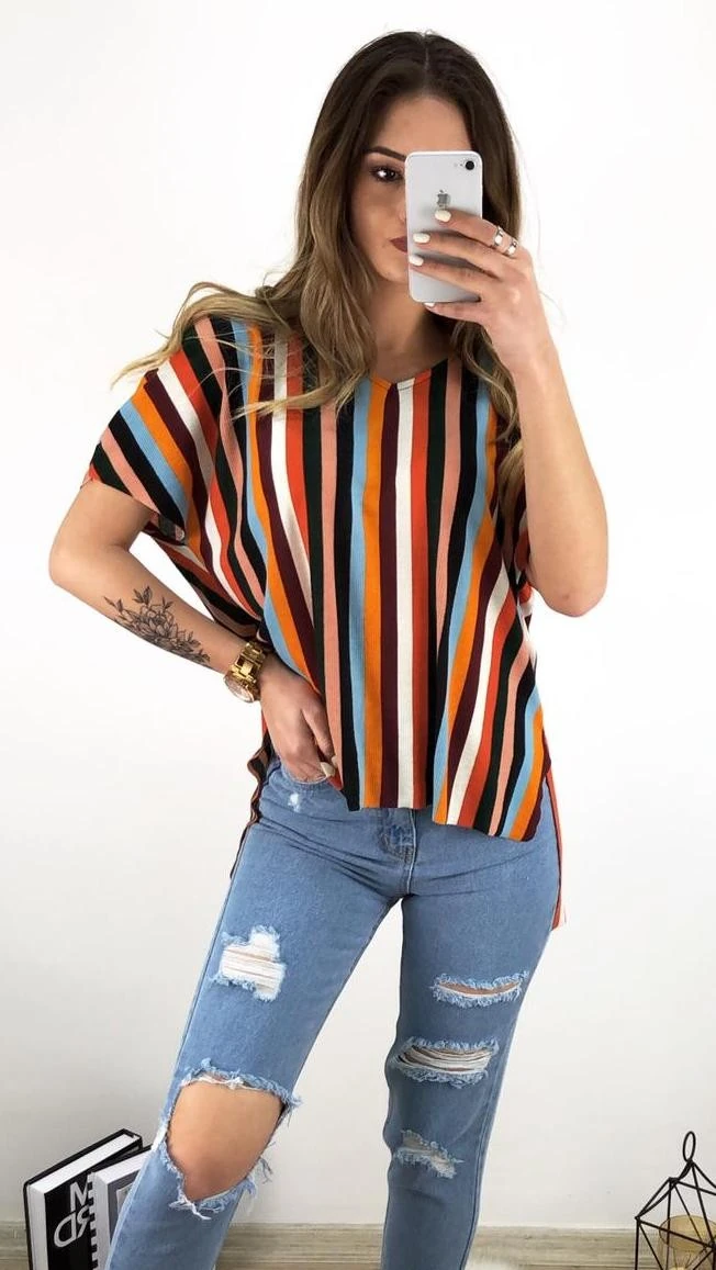 Çizgili Asimetrik Tshirt-Renkli