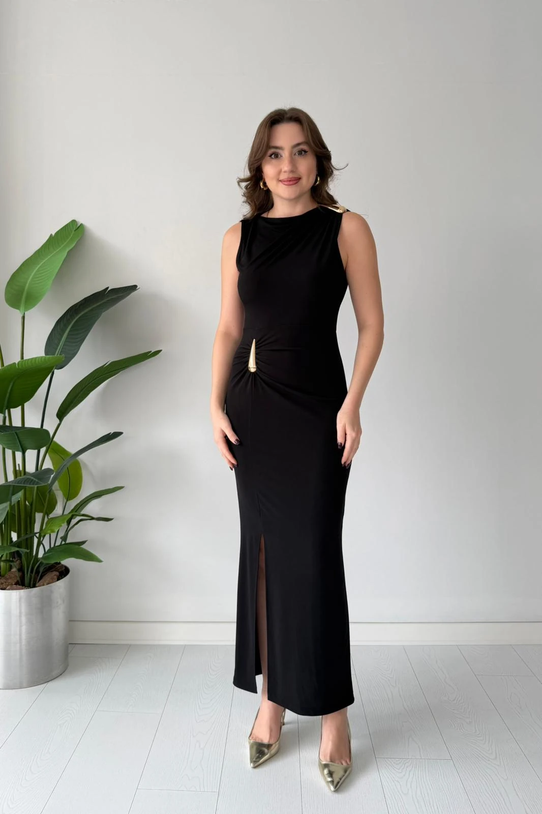 Damla Tokalı Esnek Elbise - SİYAH