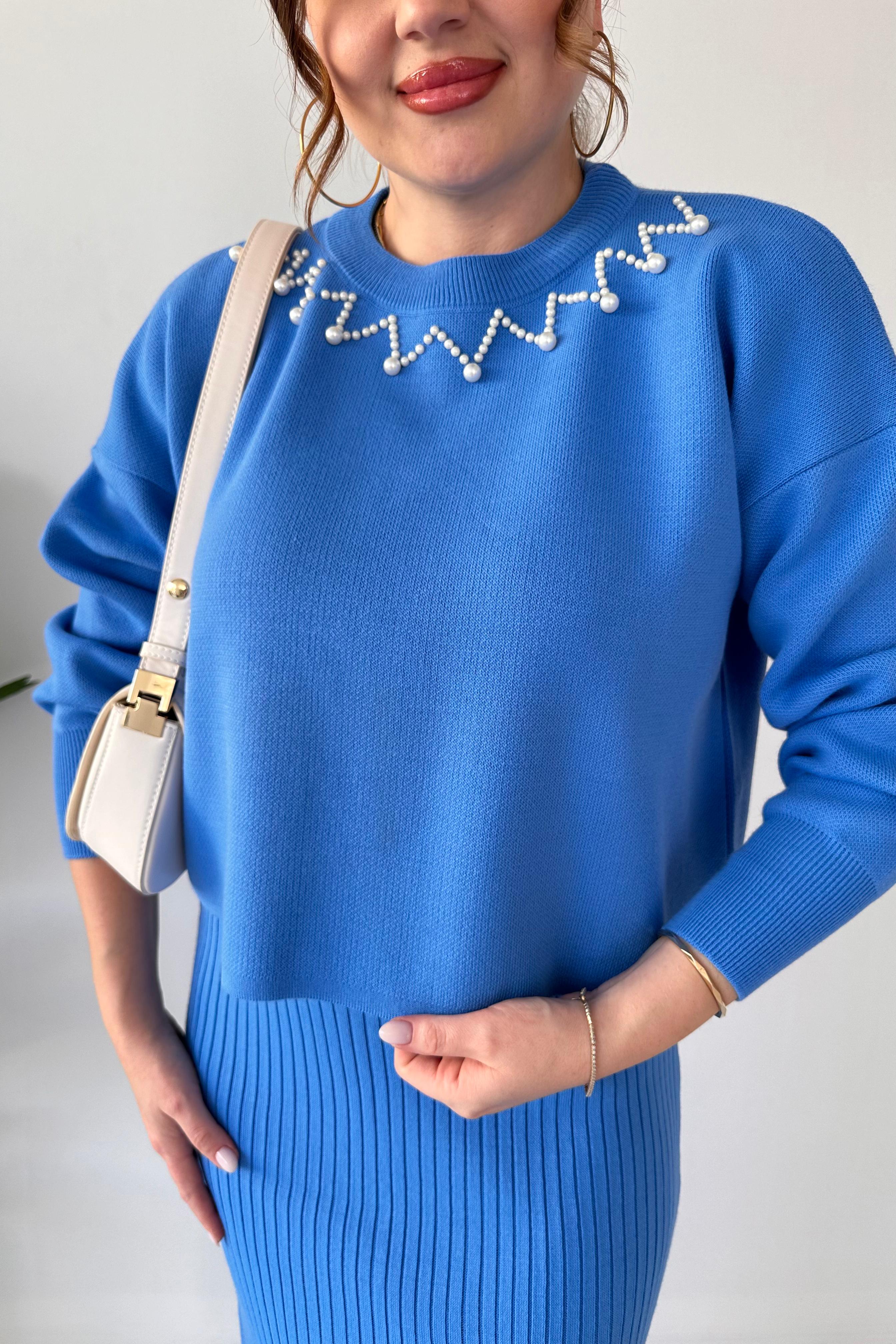 İnci Yakalı Kazak Elbise Takım