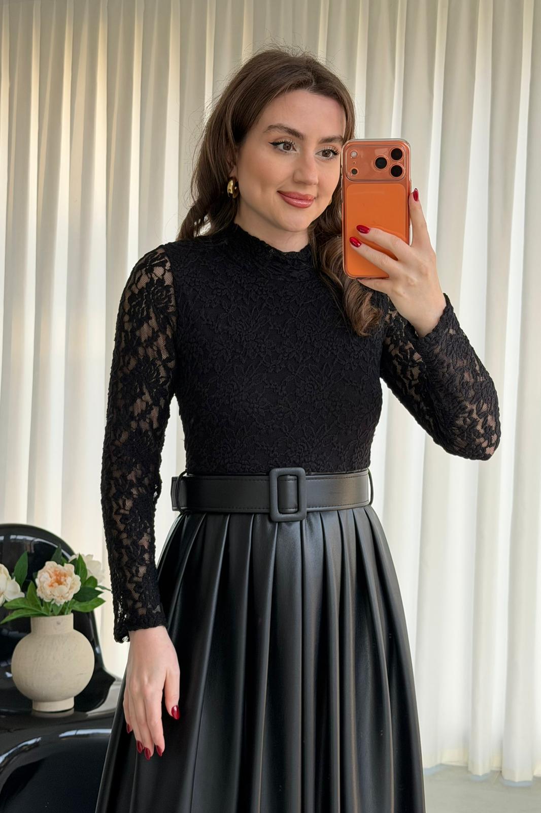 Deri Etekli Dantel Elbise