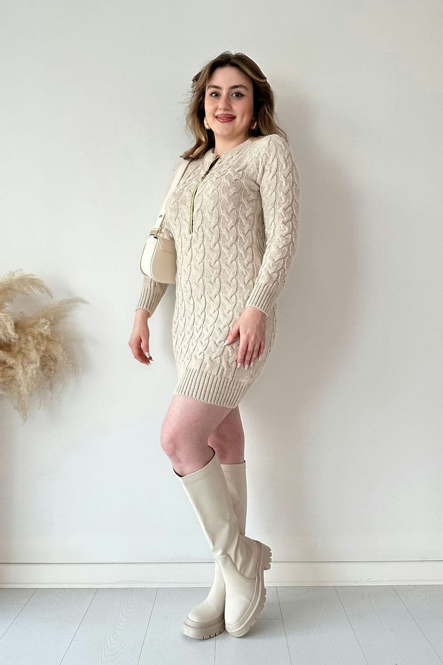 Saç Örgü Fermuar Detaylı Triko Elbise