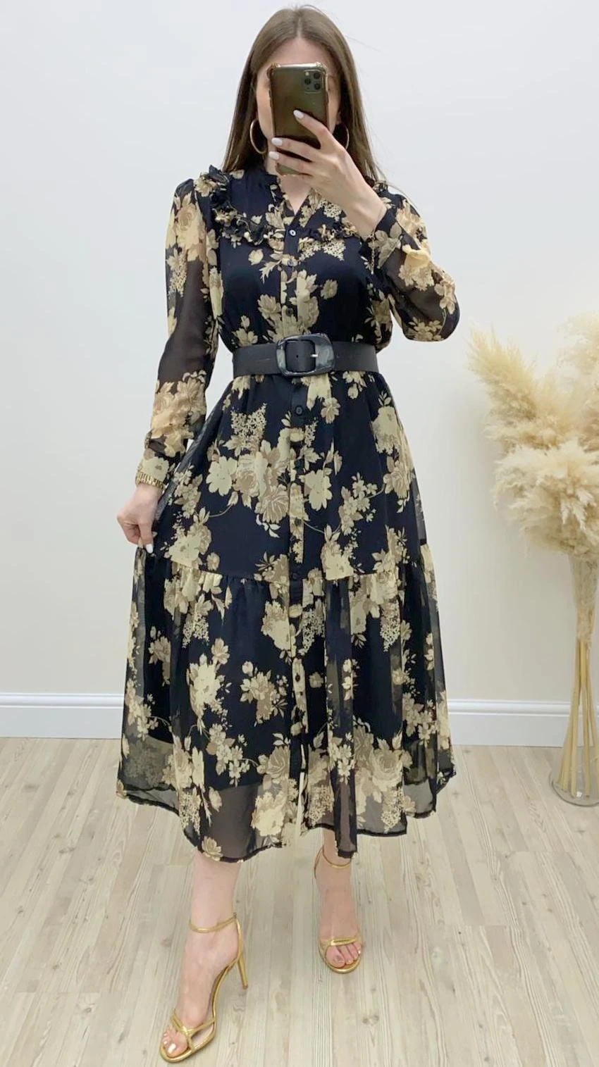 Bej Çiçekli Kemerli Şifon Elbise