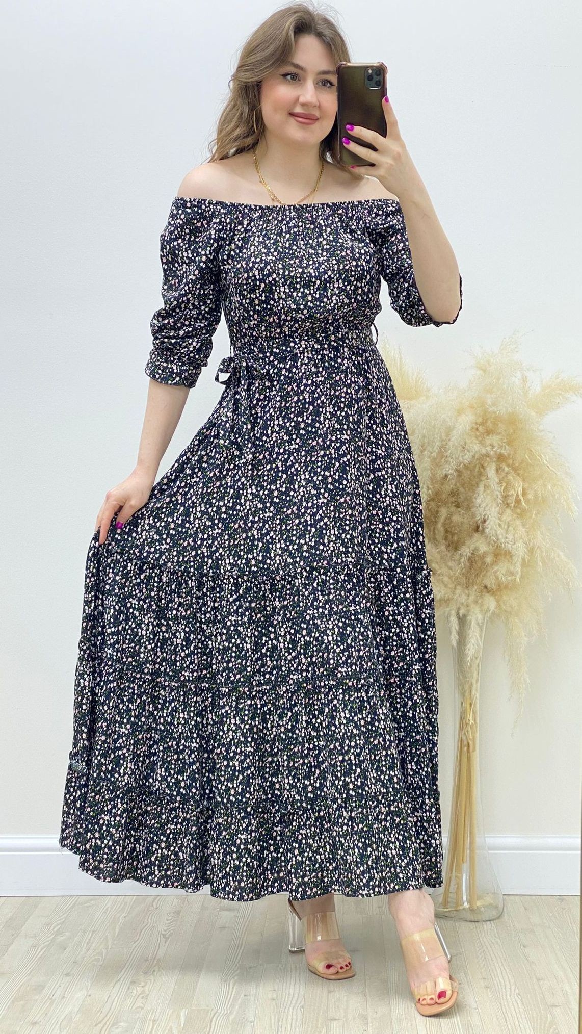 Maksi Çıtır Viskon Elbise Lacivert