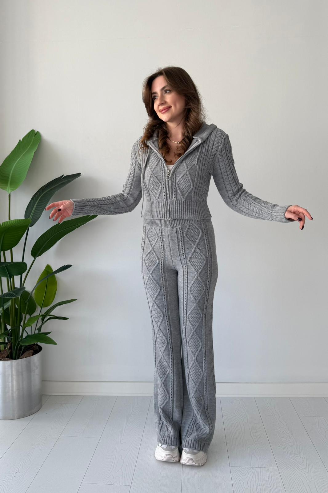 Kapşonlu Baklava Triko Takım - Gri