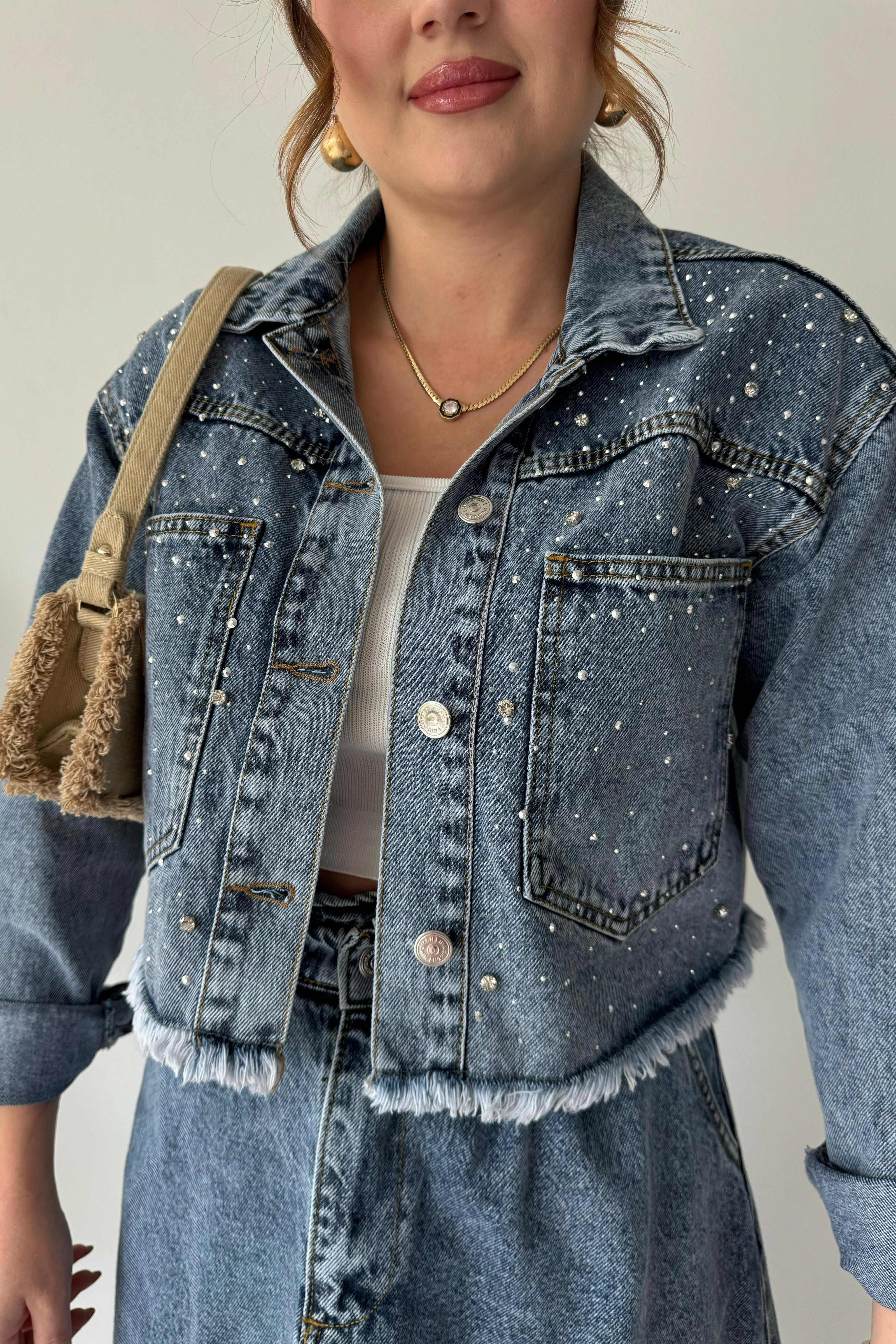 Taşlı Crop Denim Ceket