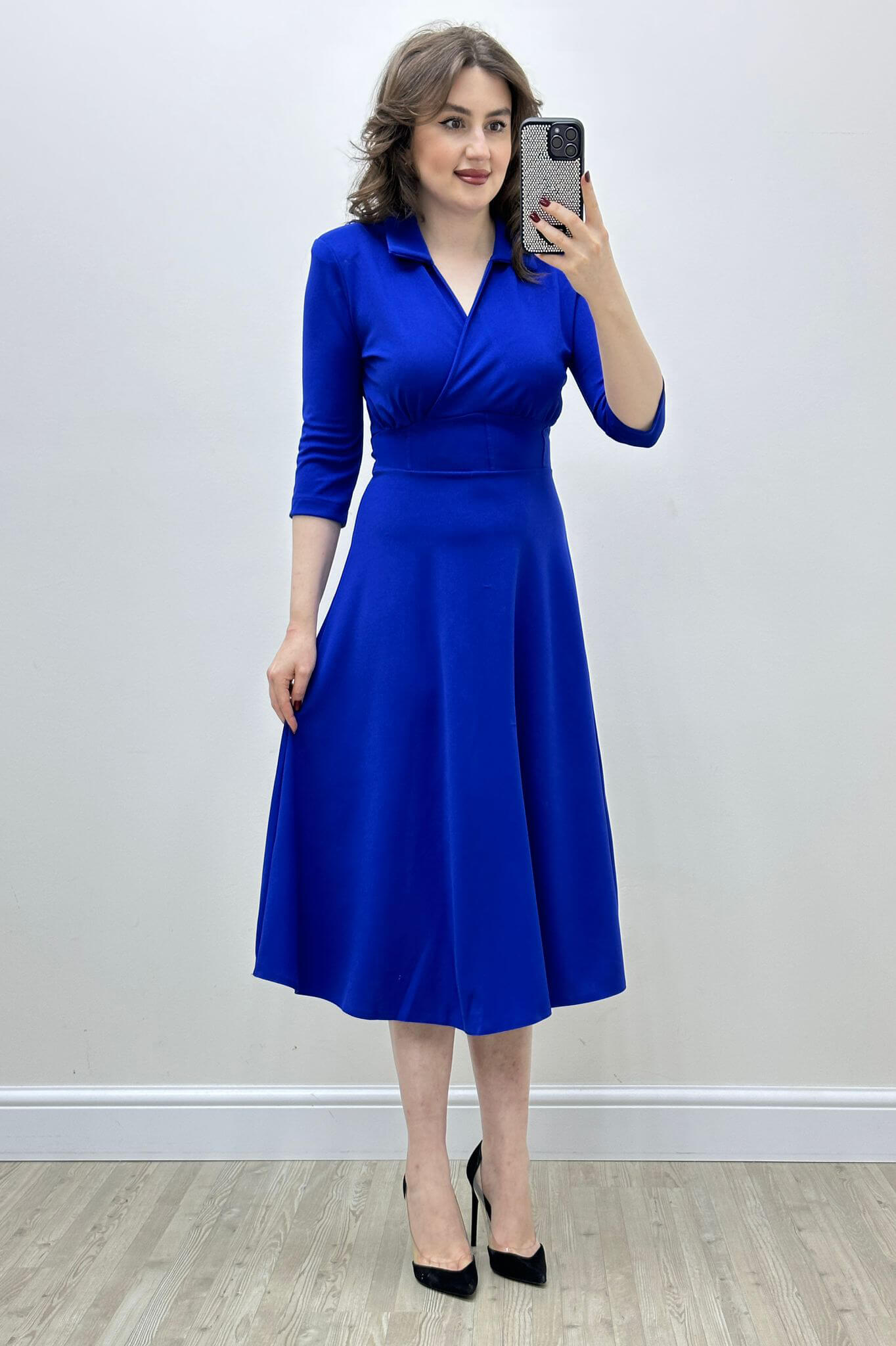 Yarım Kollu Krep Elbise Saks Mavi