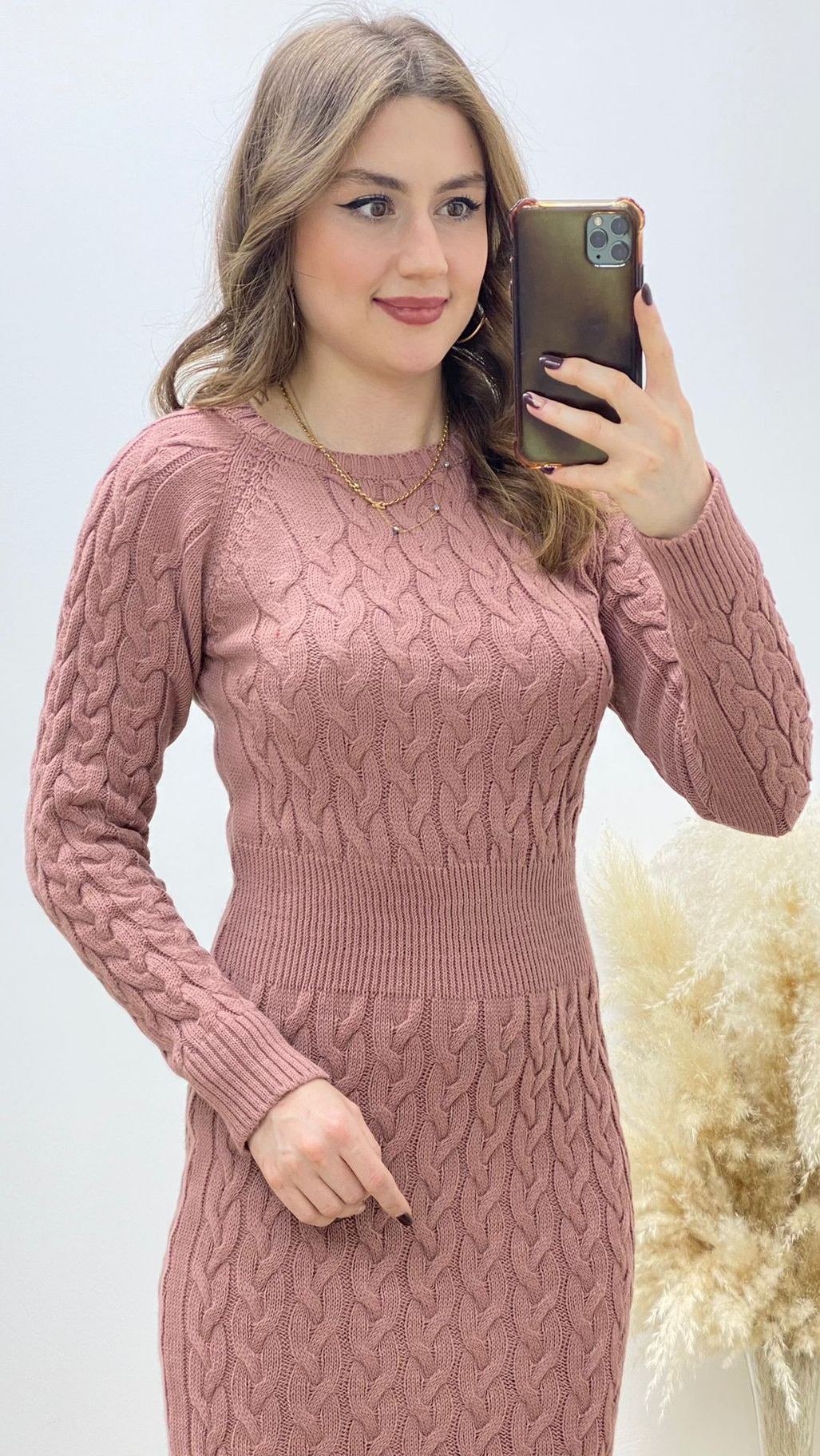 Midi Boy Saç Örgü Triko Elbise Pudra