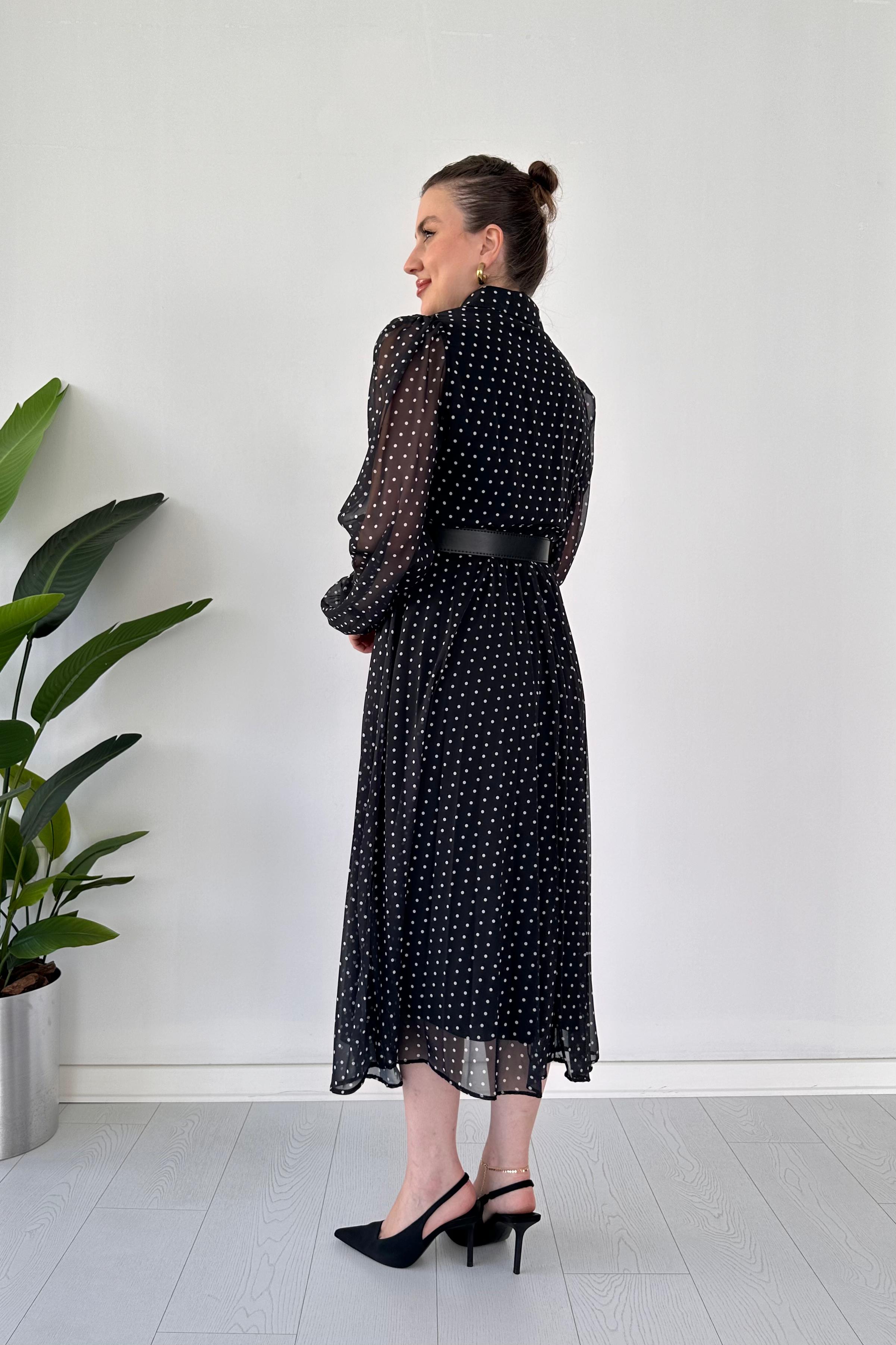 Yakalı Puantiye Şifon Elbise Siyah