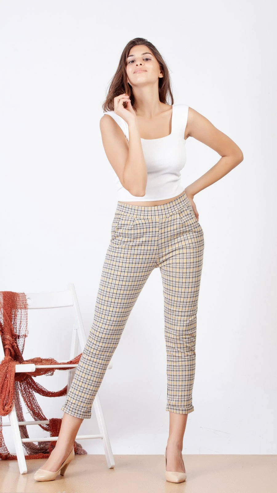 Yüksek Bel Büyük Kareli Pantolon - Sarı