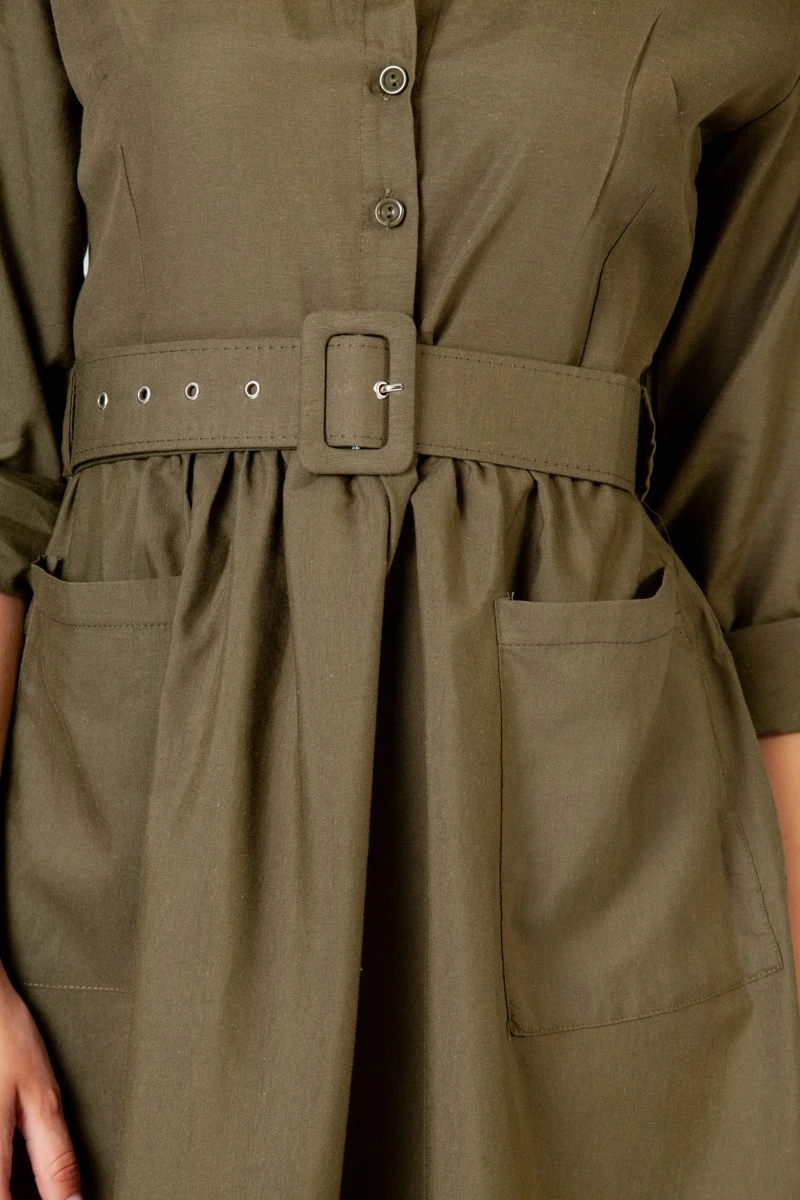 Çift Cep Kaplama Kemer Midi Elbise - Haki