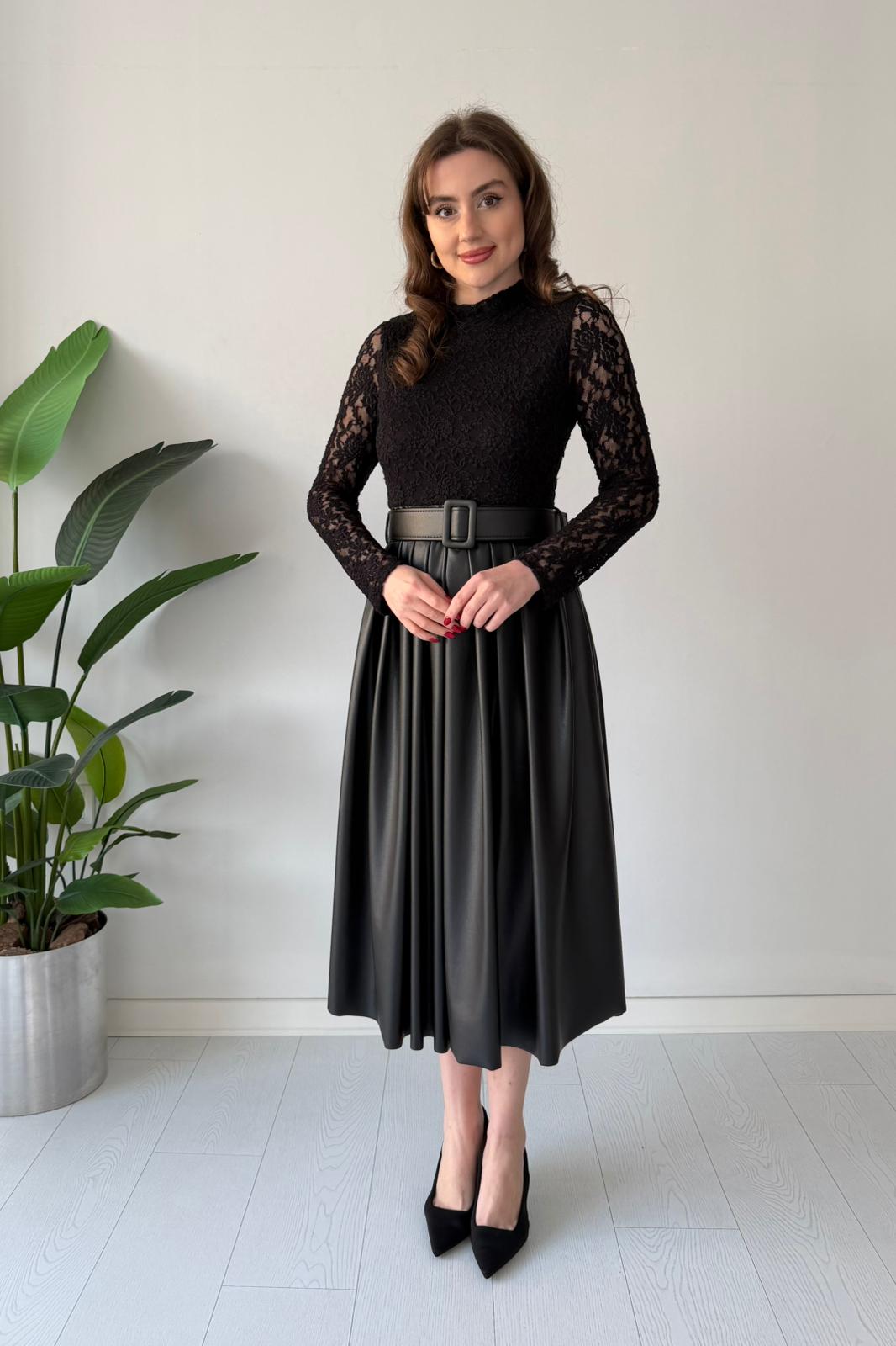 Deri Etekli Dantel Elbise