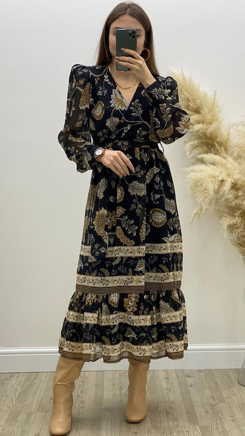 Çiçek Desenli Manşetli Şifon Elbise